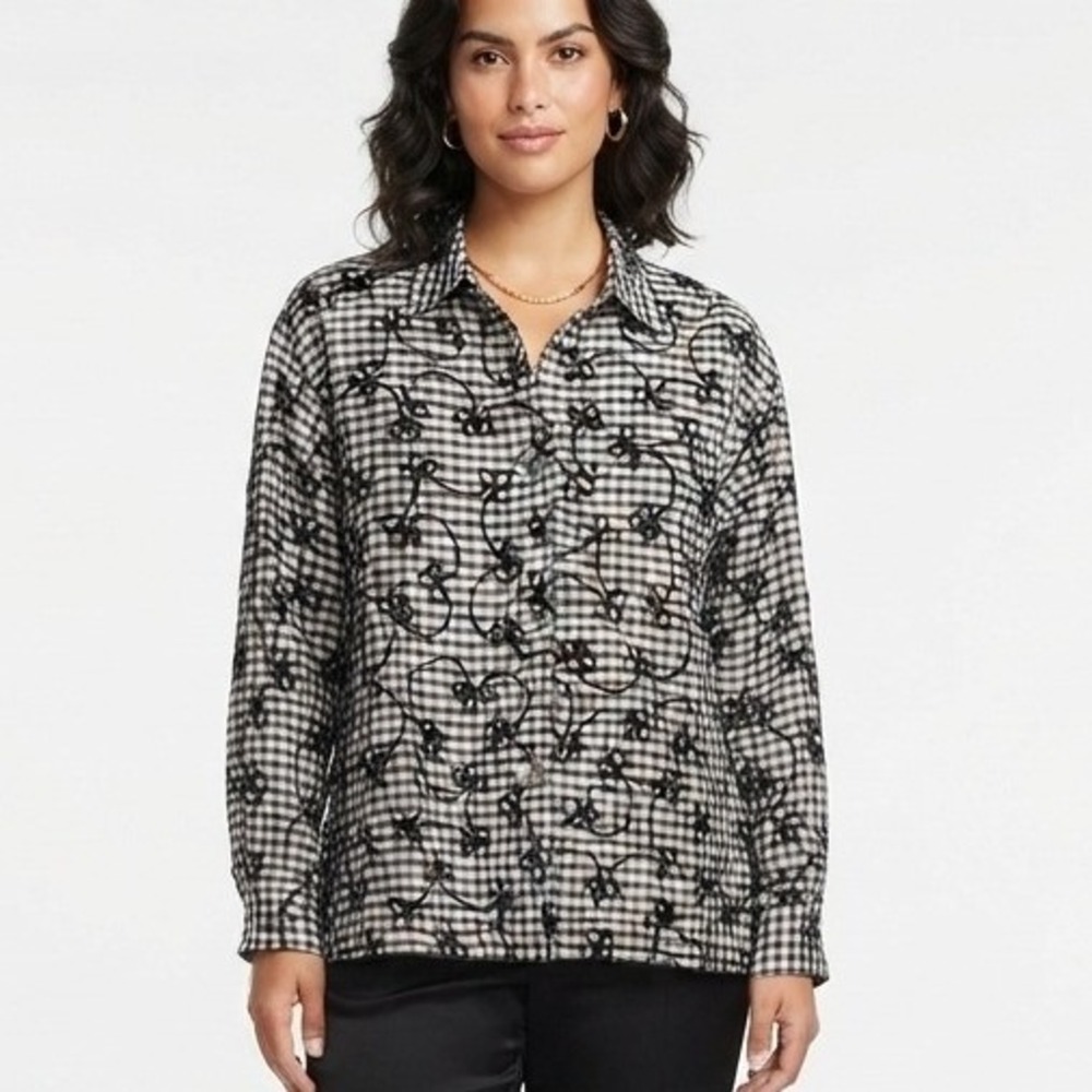 Vtg Giancarlo Ferrari Blouse Silk Black White Gingham Embroidered - XL